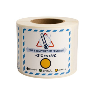 IATA Time & Temperature Label with visual temperature indicator on roll